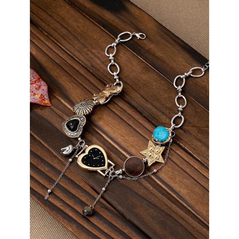 Black Heart Watch Charm Necklace Gold Silver Chunky Y2K Choker - Picture 5 of 6